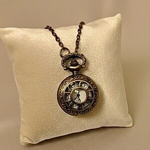 Vintage-Inspired Bronze Tone Faux Pocket Watch Necklace